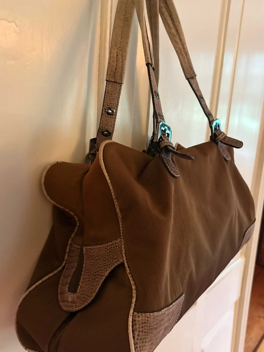 Vintage Adrienne Vittadini Brown Nylon Satchel Faux Croc Leather Duffel/Tote Bag